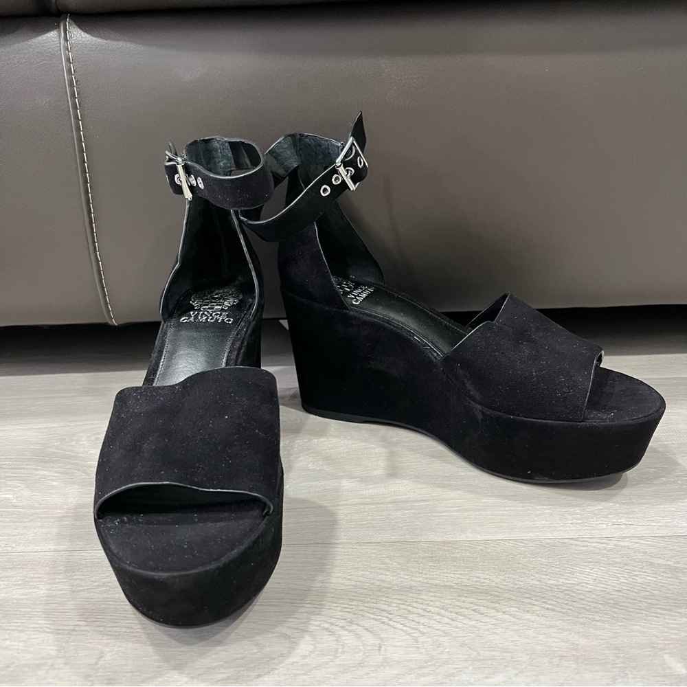 Vince Camuto Black Suede Heels Wedges Open Toe Ankle Strap 8.5
